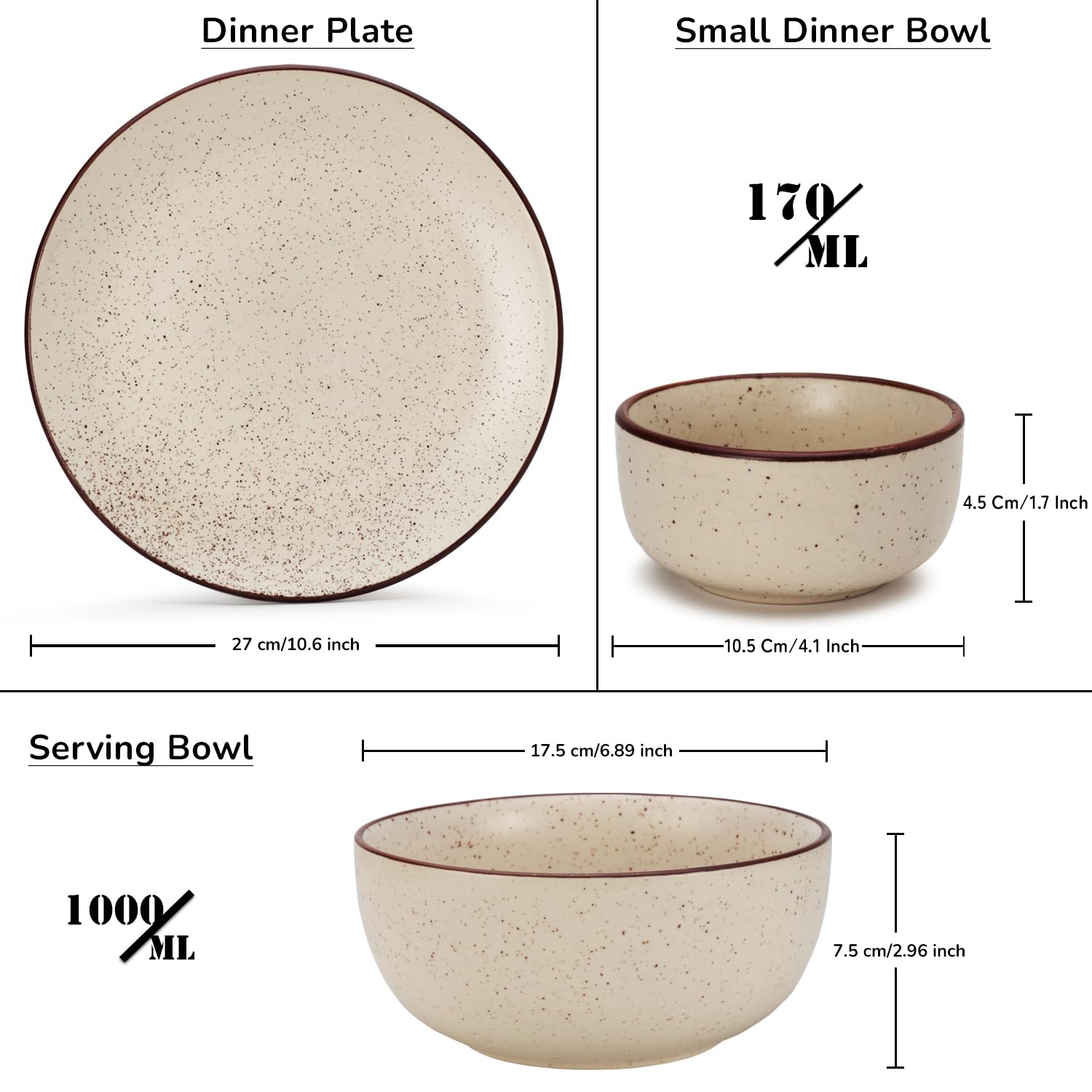 Handcrafted Ceramic Stoneware Dinner Set Of 10 Pcs With Serving Bowl Set - Beige Speckled | 4 Dinner Plates, 10.6 Inch Each + 4 Small Dinner Bowl, 170ml Each+ 2 Serving Bowl, 1000ml Each