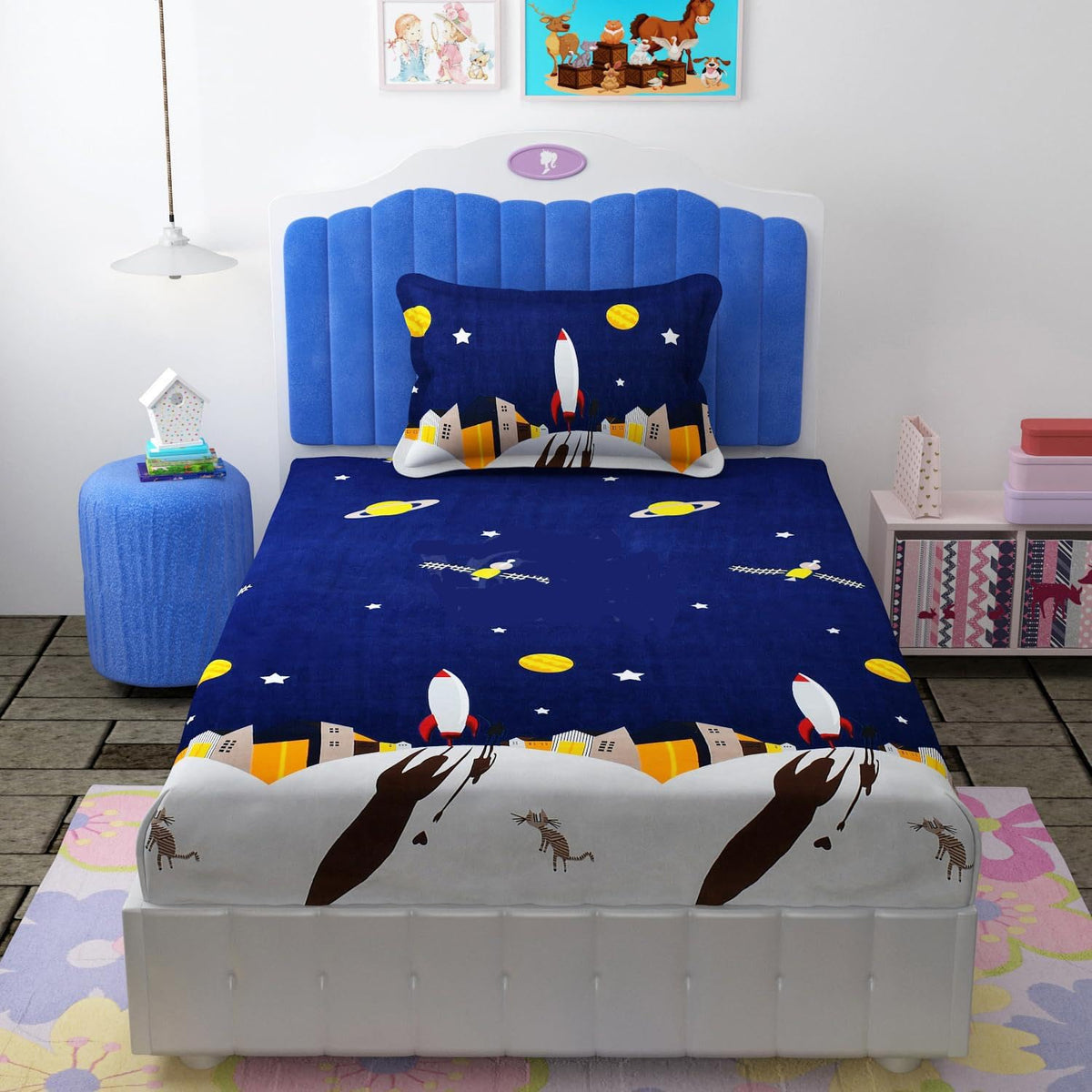 Cartoon Printed Single Bedsheet For Kids With One Pillow Cover - 60 X 90 Inches, Blue & White | 300 Thread Count - Wrinkle Free Soft Perfect For Everyday Use