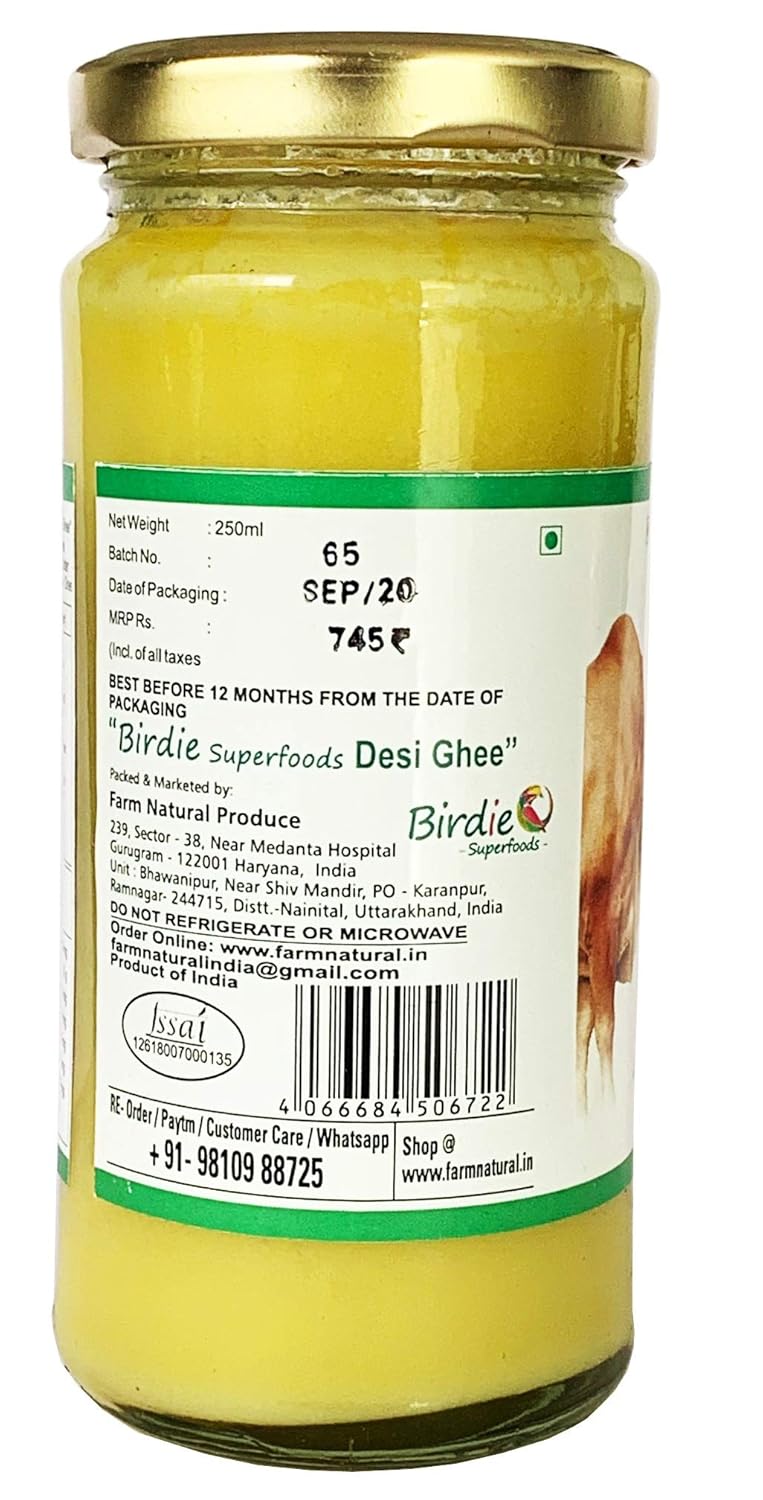 Pure Premium A2 Certified Sahiwal Desi Cow Ghee By Birdie Superfoods | Rich In Nutrients Flavor Healthy Desi Ghee Perfect For Improve Body Immunity | (250ml) 8.4 Ounce | Glass Bottle