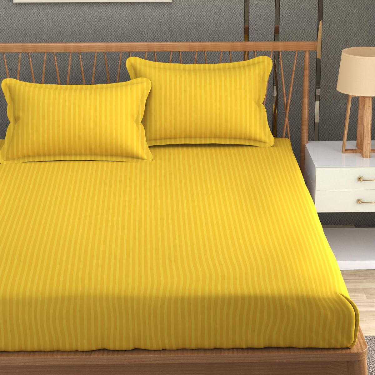 Stripe Glace Cotton 1 Double Bedsheet With 2 Pillow Cover - 91 X 90 Inches, Yellow | Fade Resistant & Durable Breathable & Wrinkle Free Bed Sheet