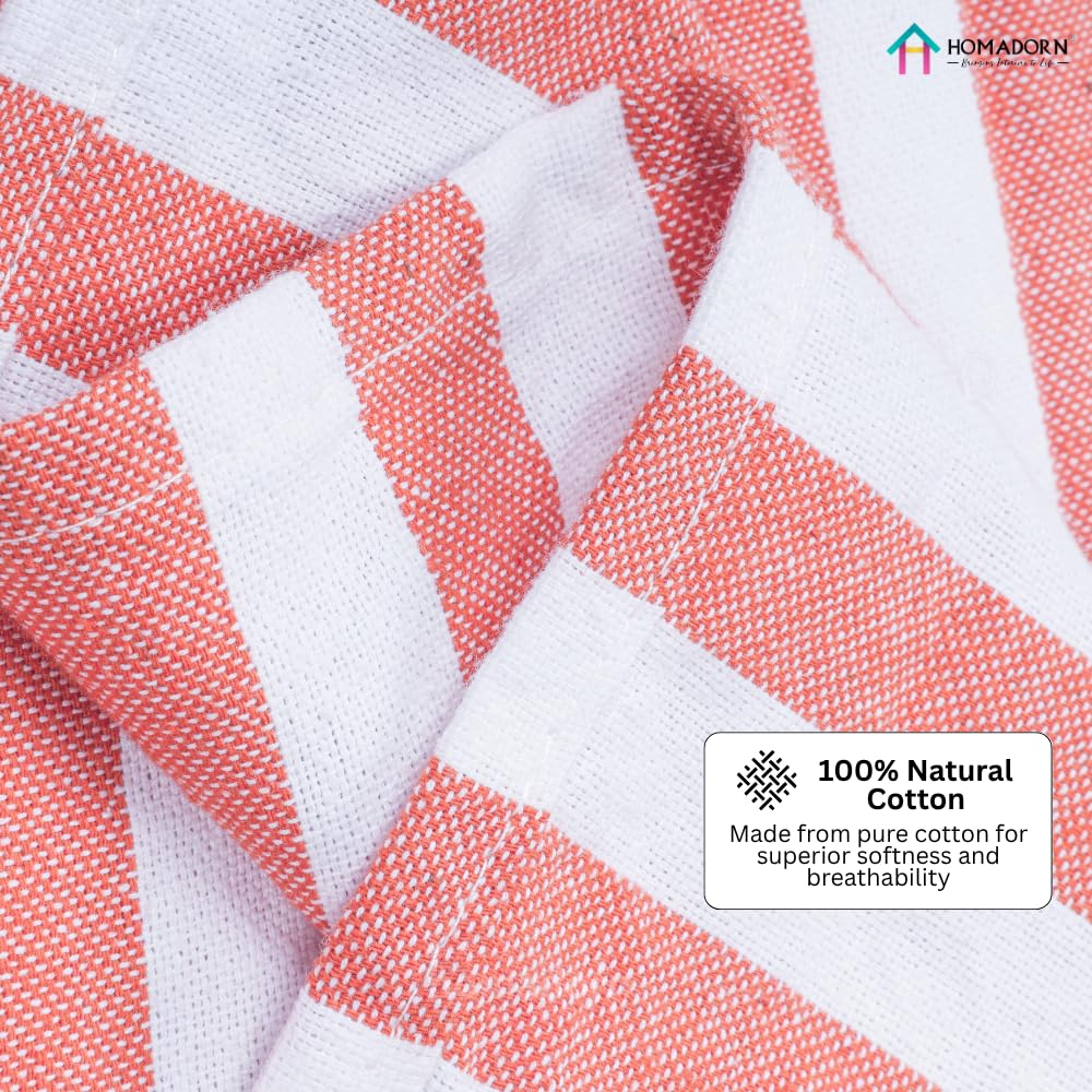 Homadorn 100% Cotton Striped Fouta Bath Towels 700 Gsm | Soft Quick Dry & Absorbent Hand-Knotted Tassels | Turkish Hamam Towel (Peach - White)- Pack Of 2