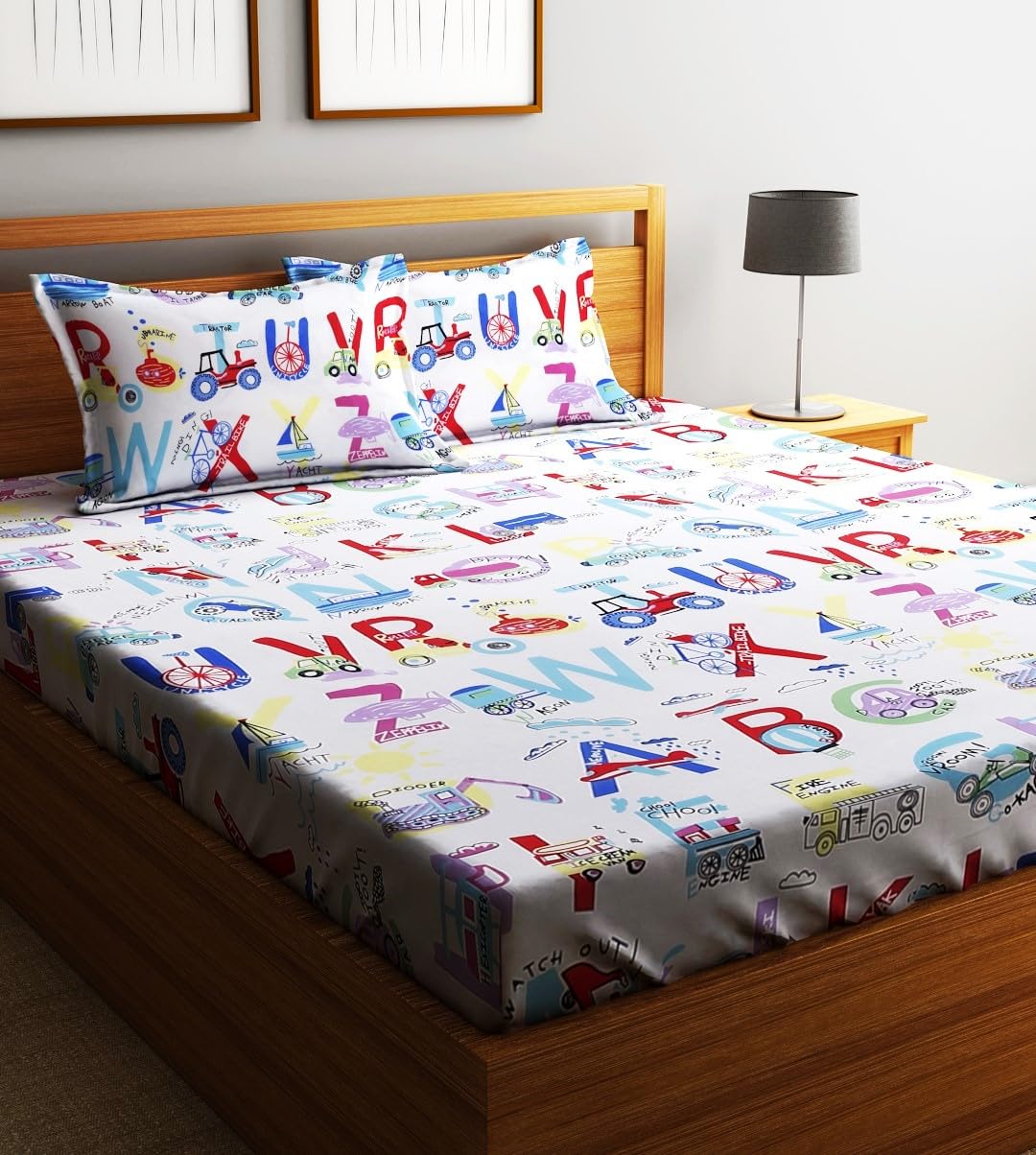 Microfiber Kids Alphabetical Elastic Fitted Double Bedsheet With 2 Pillow Covers | 90 X 90 Inches, Multicolor | Normal Hand Wash Or Machine Wash