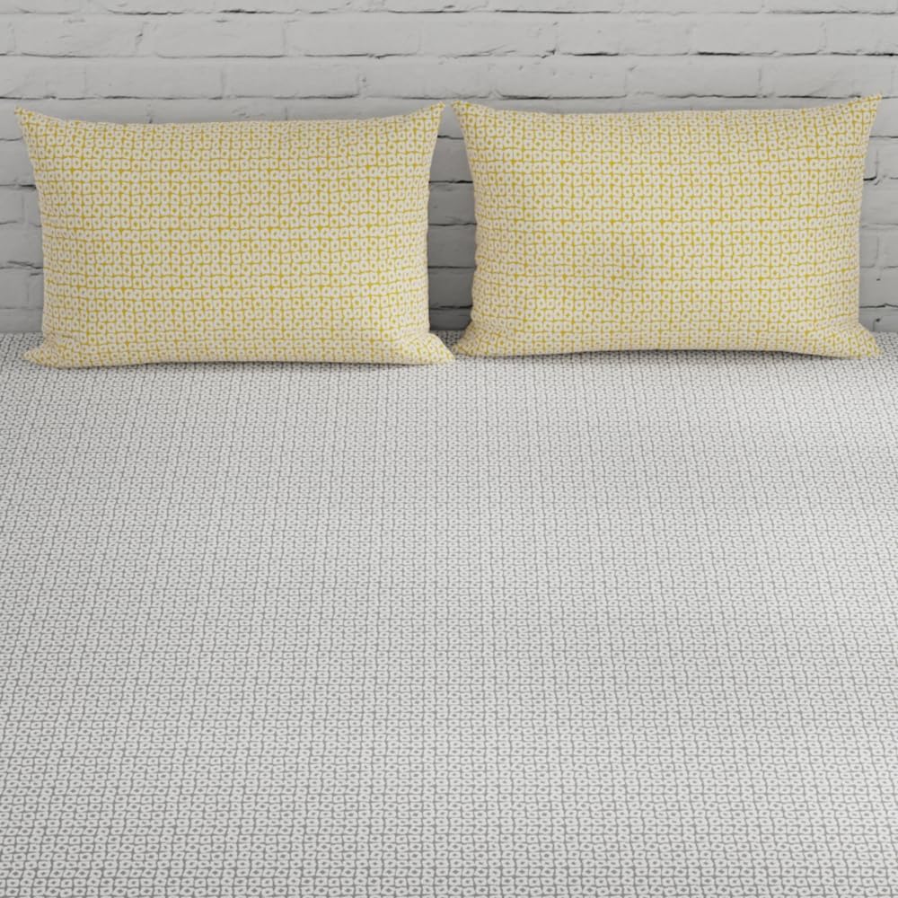 Cotton Bedsheet For King Size With 2 Pillow Covers - 108 X 108 Inches, Grey & Yellow | Soft & Comfortable Feel To Your Skin