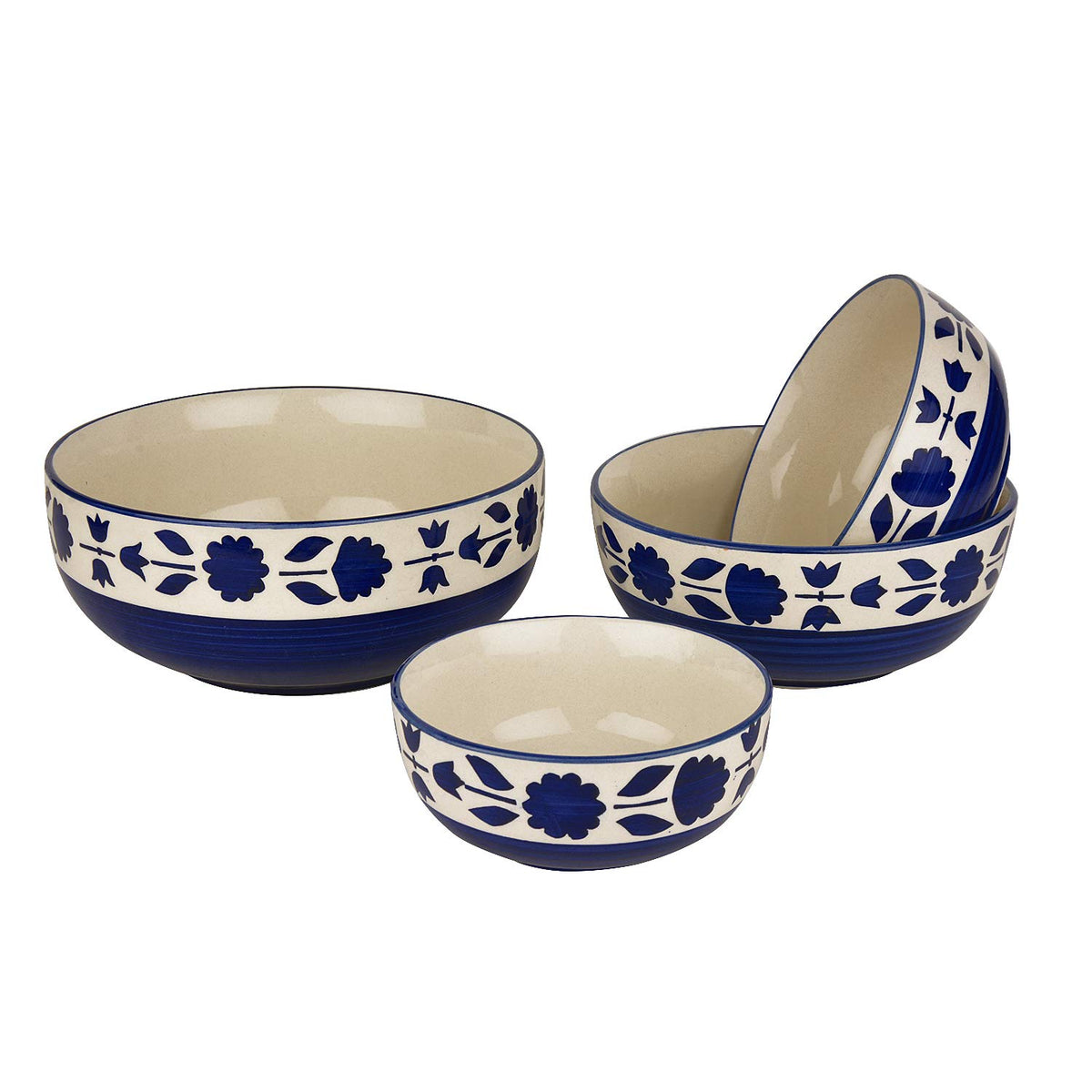 Studio Pottery Hand Painted Dinner Serving Bowl Set Of 4 - 1200ml+650ml+450ml+250ml, Blue Flower | Dinner Serving Donga Set - Stackable Kitchen Bowl Set