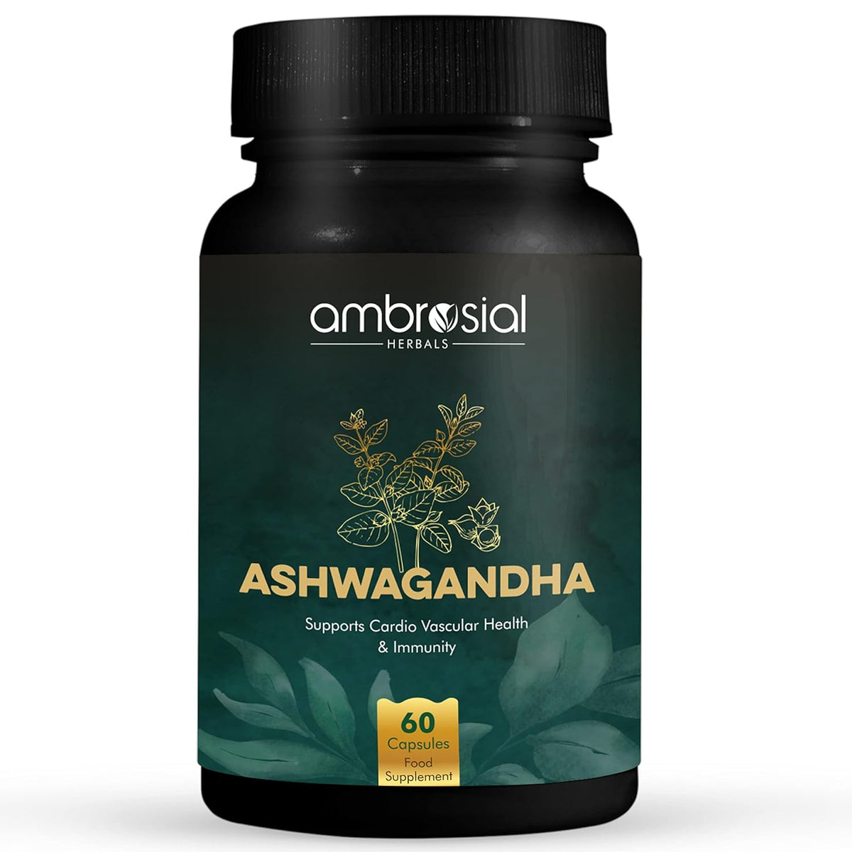 Ambrosial Ashwagandha 500mg Herbal Supplement 100% Natural & Vegan High Strength, Immunity Support, Improves Blood Flow & Reduces Cortisol Levels | 60 Capsules 100gm 0.2lbs