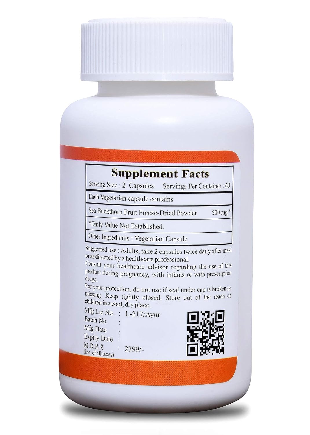 Onlynutra Freeze Dried Sea Buckthorn , Anti Ageing Supports Immunity & Hair Growth | 120 Veg Capsules , 200gm 0.4lbs