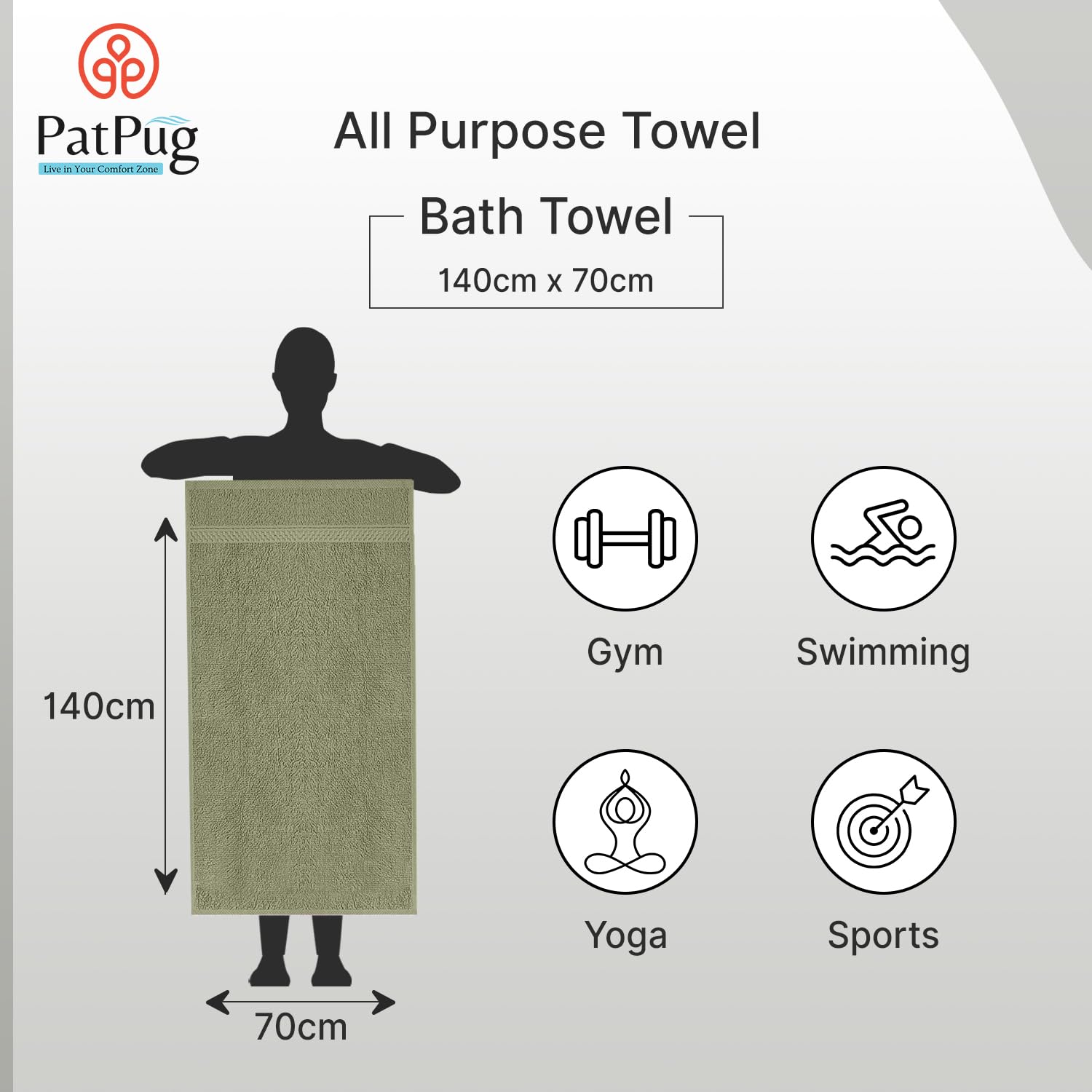 PatPug 100% Indian Ultra Soft Cotton 450 Gsm Bath Towel Large Bath Towel | Highly Absorbent Quick Drying Durable Towel For Men, Women & Kids (Olive Green)