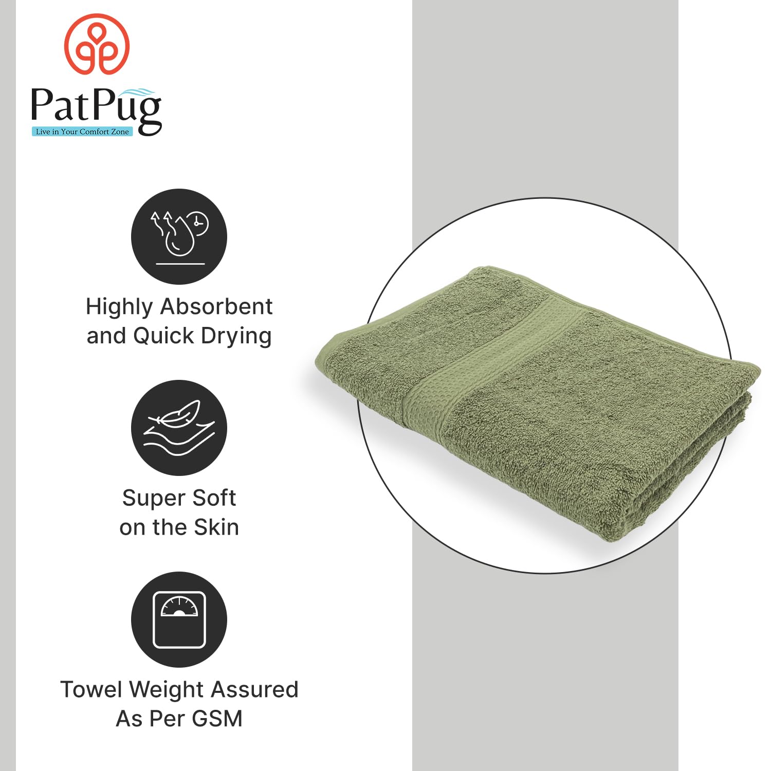 PatPug 100% Indian Ultra Soft Cotton 450 Gsm Bath Towel Large Bath Towel | Highly Absorbent Quick Drying Durable Towel For Men, Women & Kids (Olive Green)