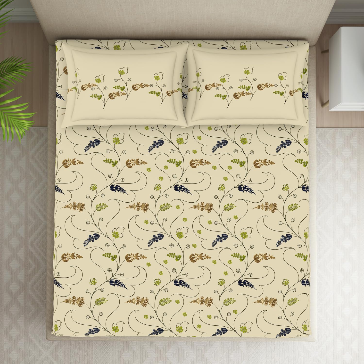 Double Bedsheet With 2 Pillow Covers (Size 88 X 100 Inch) Beige | Breathable Pure Cotton Queen Size Bedsheet | Floral Design Bedsheet