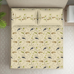 Double Bedsheet With 2 Pillow Covers (Size 88 X 100 Inch) Beige | Breathable Pure Cotton Queen Size Bedsheet | Floral Design Bedsheet