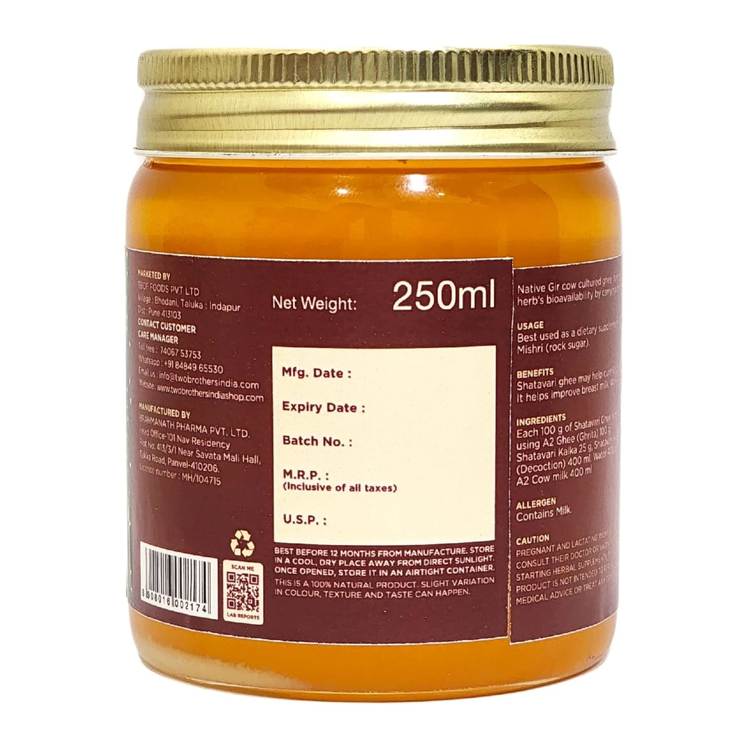 Natural (Shatavari) A2 Gir Cow Cultured Desi Ghee By Two Brothers Organic Farms | Naturally & Healthy Protein Fiber Desi Ghee Good For Heart Health | (250ml) 8.4 Ounce | Jar Pack