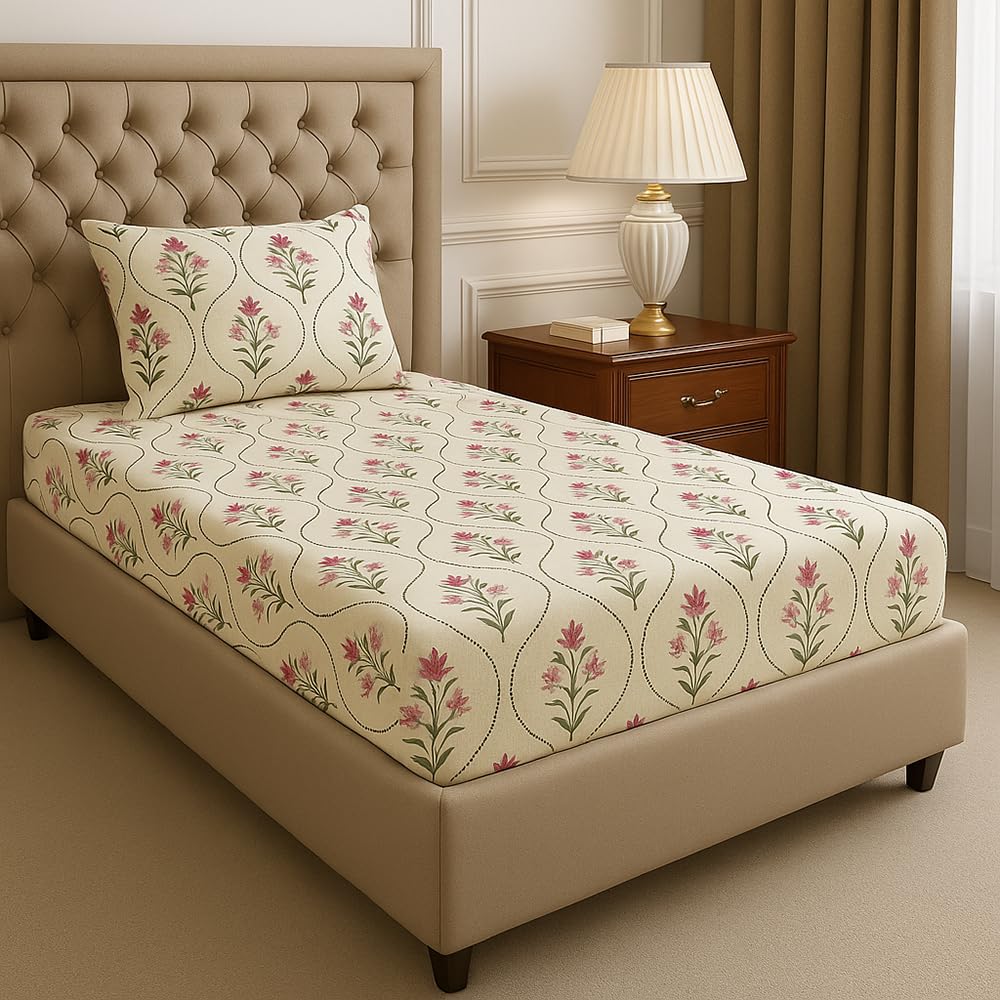 Premium Cotton Single Bedsheets With 1 Pillow Covers - 72x36+6 Inches, Beige | Printed Single Sheet Super Soft Breathable & Wrinkle Free