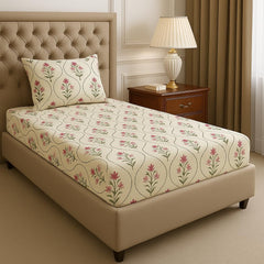 Premium Cotton Single Bedsheets With 1 Pillow Covers - 72x36+6 Inches, Beige | Printed Single Sheet Super Soft Breathable & Wrinkle Free