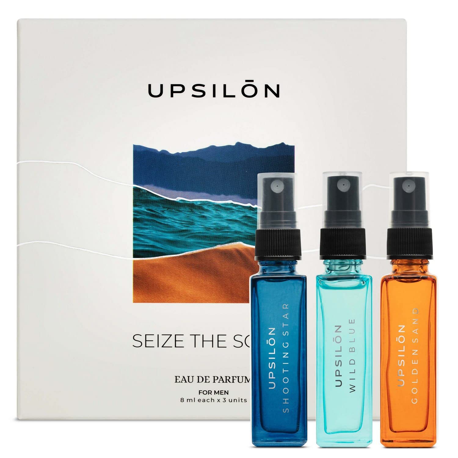 Upsilon Seize The Scent Eau De Parfum For Men 3x 0.27 Fl.oz. | Wild Blue + Golden Sand + Shooting Star | Combo Of Long-Lasting Pocket Perfumes