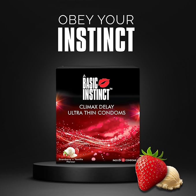 Basic Instinct Climax Delay Ultra Thin Latex Condoms For Men Strawberry And Vanilla 3 Pcs Pack Of 5