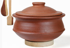 Deep Burned Uncoated Clay Biryani Pot With Lid Or Mitti Handi With 2 Wooden Spatulas Complimentary For Cooking & Serving - Red, 2 Liters | Pre-Seasoned Mud Pot - Unglazed, Double Fired, Hand Crafted