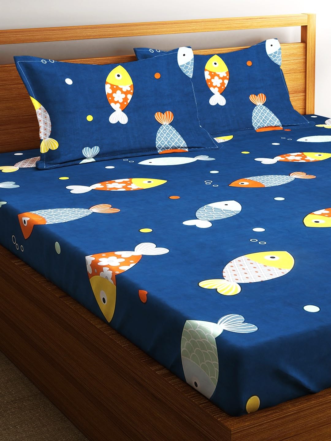 Elastic Fitted Kids Fishes Double Bedsheet 2 King Size Pillow Covers, Navy Blue (72x78 Inches) | Lightweight, Soft & Breathable - Perfect For Gifting Bedsheet