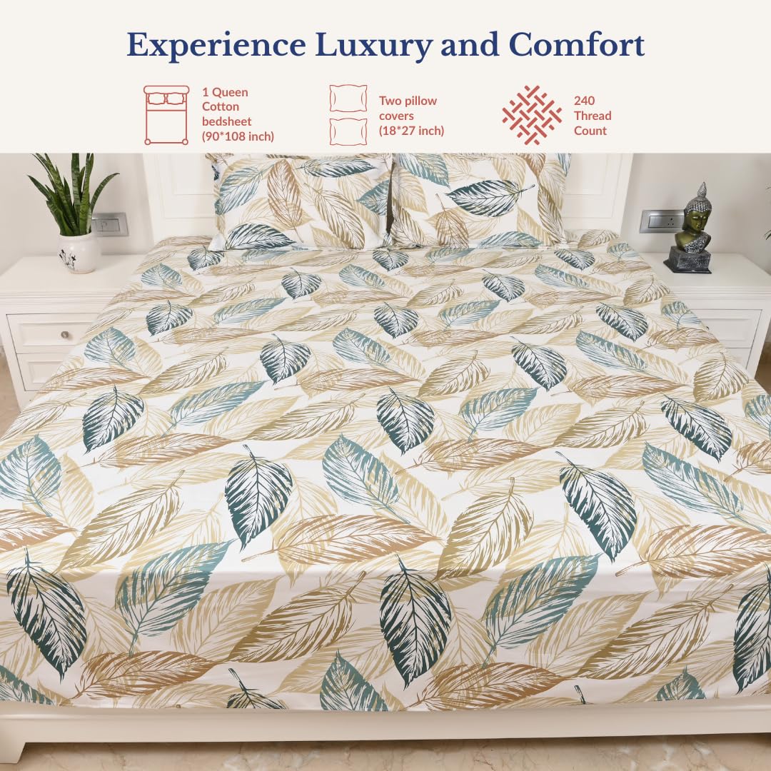 Queen Size Pure Cotton Bedsheet With 2 Pillow Covers | 90 × 100 Inches, Beige & Green | Soft Breathable Floral Design Bedding | Comfortable Sleep All Year
