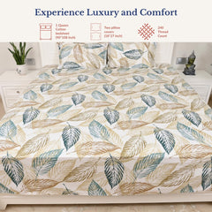 Queen Size Pure Cotton Bedsheet With 2 Pillow Covers | 90 × 100 Inches, Beige & Green | Soft Breathable Floral Design Bedding | Comfortable Sleep All Year