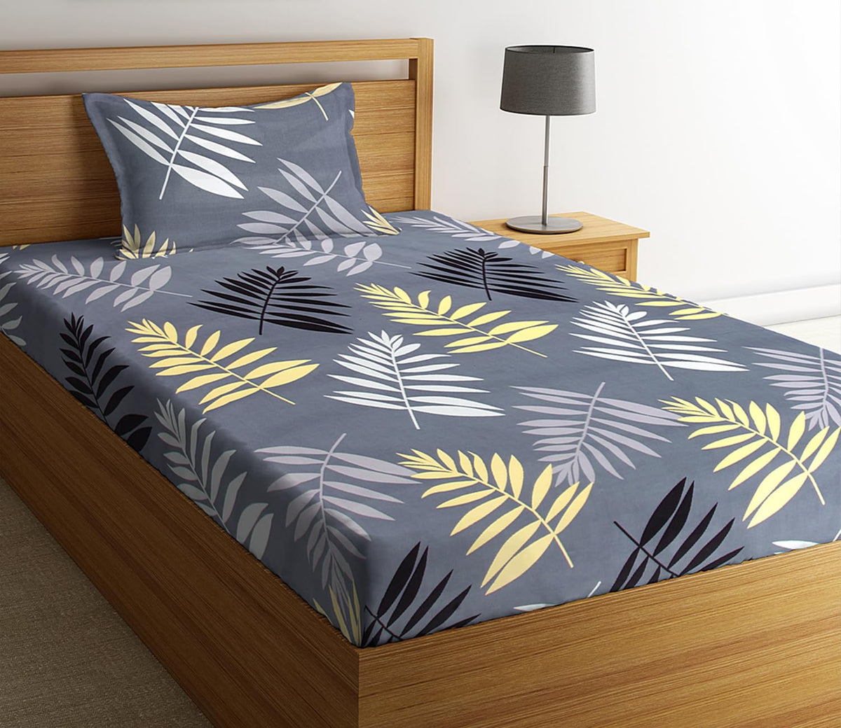 Prime Collection Single Bedsheet With 1 Matching Pillow Covers - 60 X 90 Inches, Yellow & Grey | Soft To Touch & Easy To Wash | Luxury Look Easy