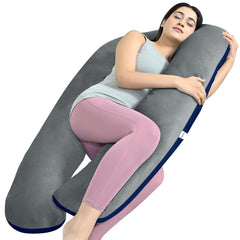 U Shaped Pregnancy Pillow For Pregnant Women & Nursing Mom, Grey & Navy Blue | Full Body Support, Single Pillow For Multipurpose Use, During Maternity | Premium Velvet Outer Cover With Zip