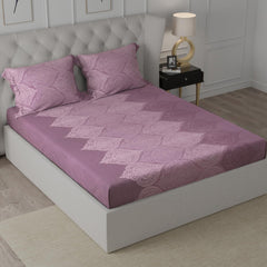Cotton Elastic Fitted Double Bedsheet For King Size With 2 Pillow Covers - 78 X 72 + 8 Inches, Ogee Lavender | Soft Wrinkle Free & Breathable Elastic Bedsheets For King Size Bed