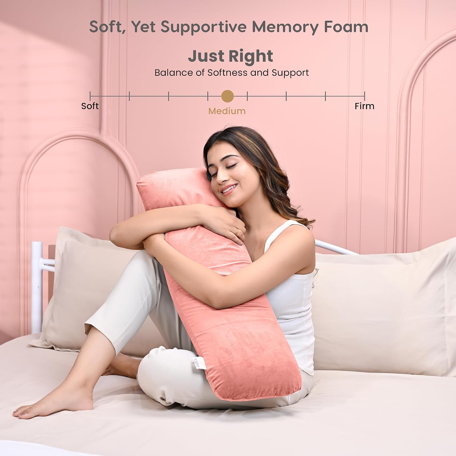 Memory Foam Half Body Pillow, For Sleeping & Hugging, Pregnancy, Peach - 30 X 10 X 5 Inches | Long Cuddle Pillow Suitable For Side Sleepers & Back Support | Velvet Cover, Bed Pillow