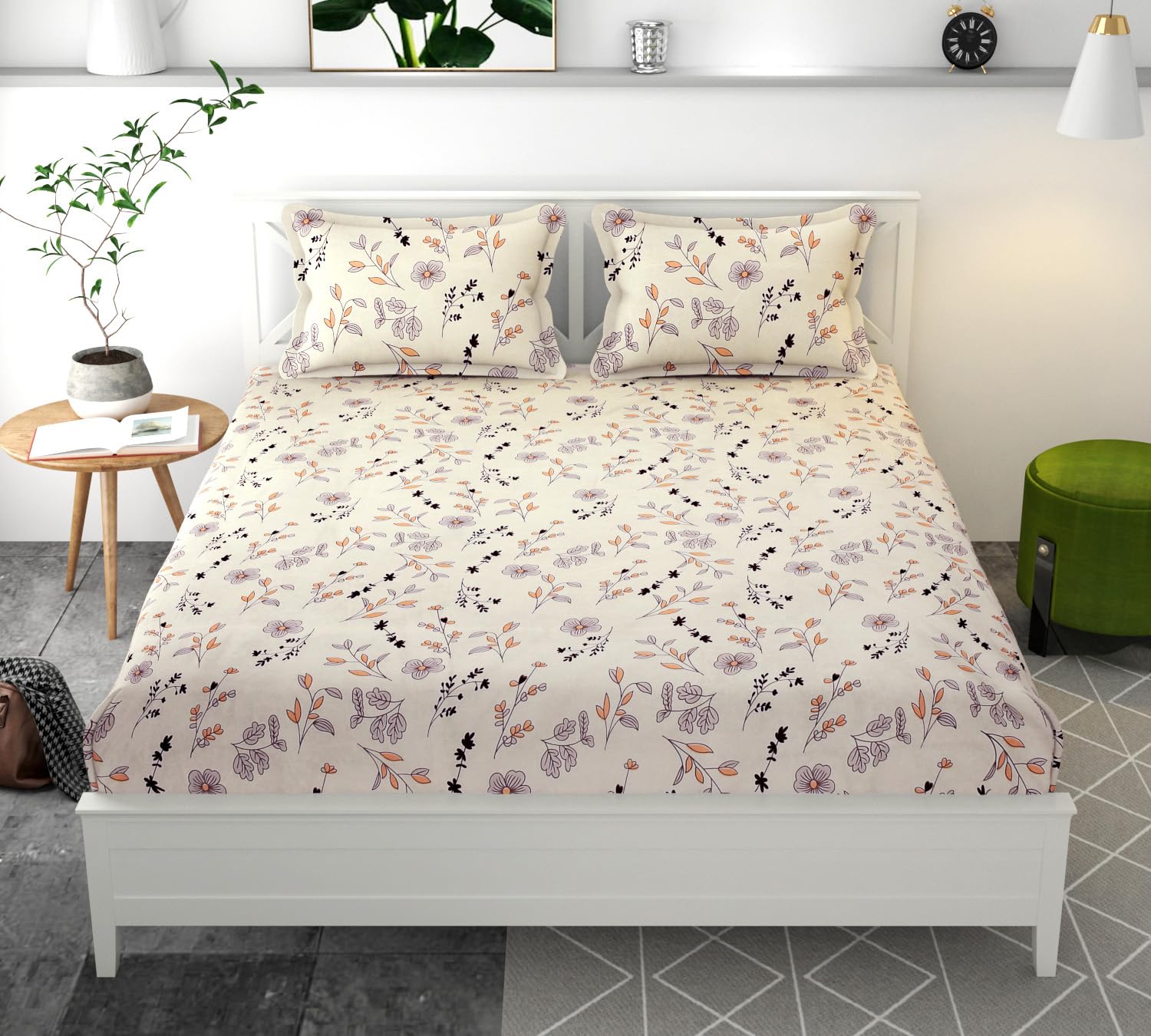 100% Cotton Double Bed Bedsheet Set With 2 Matching Pillow Covers | 90 X 90 Inches, Off White - Ideal For Villas, Guest Houses, & Daily Home Use Double Bedsheet