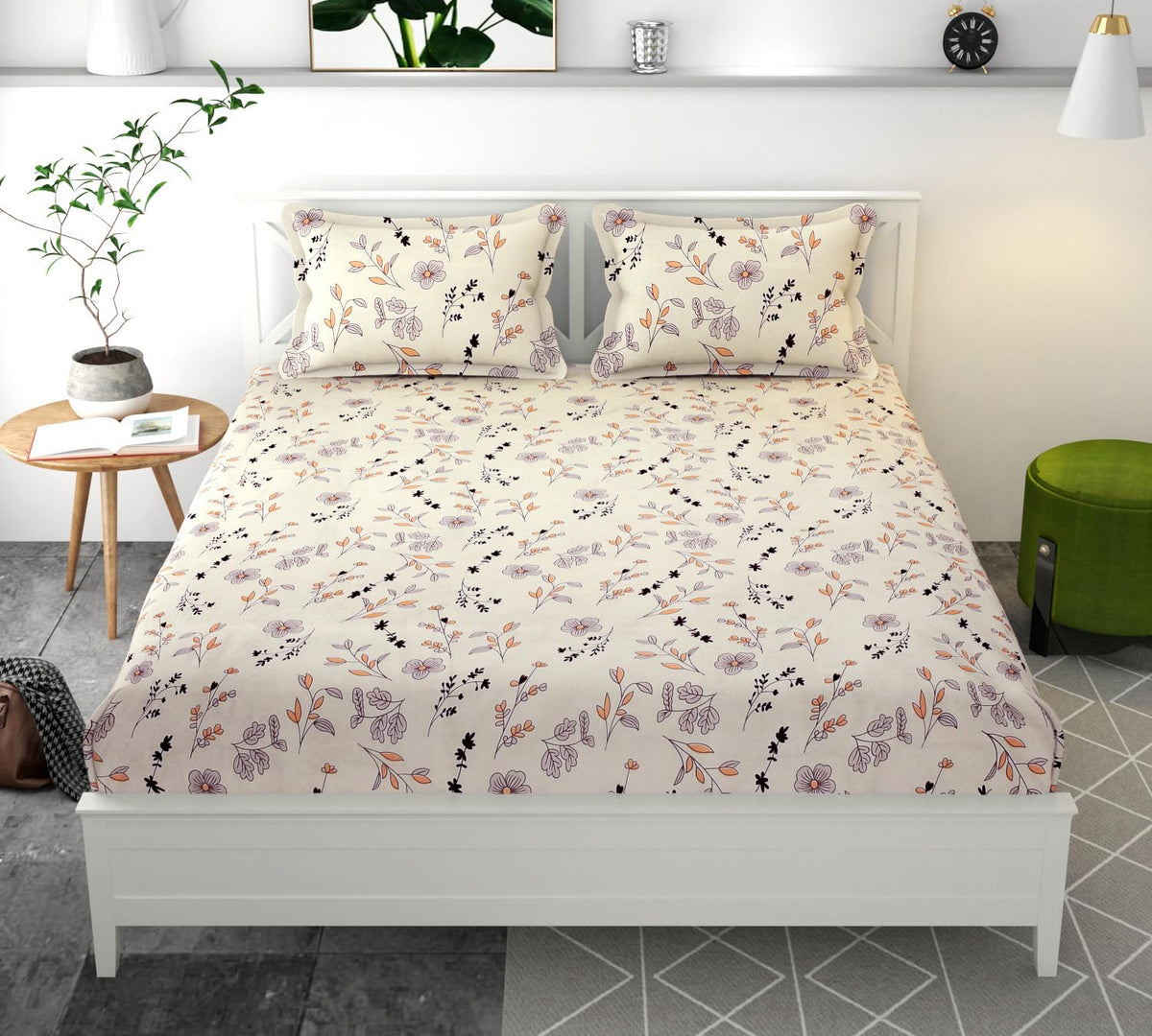 100% Cotton Printed Double Bedsheets With 2 King Size Pillow Cover - 90 X 90 Inches, Off White & Brown | Durable & Ideal For Regular Use | Light Weight & Easy To Wash At Home