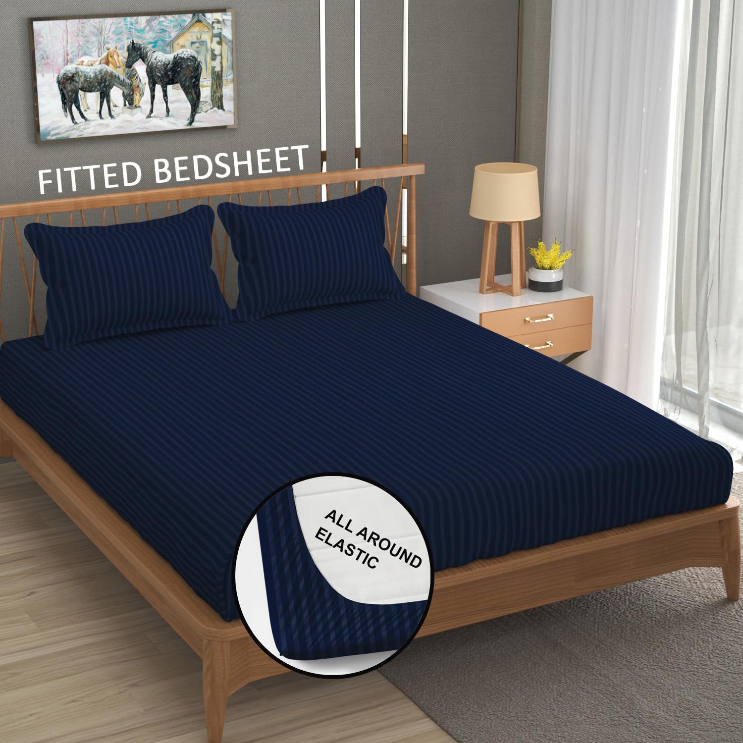 Cotton Elastic Fitted King Size Double Bed Bedsheet With 2 Pillow Covers - 72x78x6 Inches, Navy Blue | Durable Bedsheets For Everyday Comfort