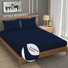 Cotton Elastic Fitted King Size Double Bed Bedsheet With 2 Pillow Covers - 72x78x6 Inches, Navy Blue | Durable Bedsheets For Everyday Comfort