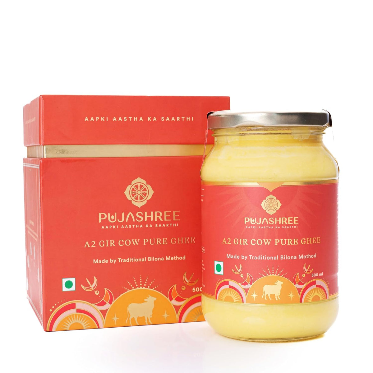 Organic Natural A2 Gir Cow Ghee By Pujashree | Traditional Bilona Method Healthy Pure Desi Ghee Perfect For Diya Deepam | (500ml) 16.9 Ounce | Jar Pack