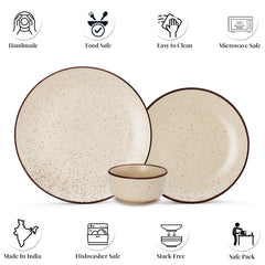 Handcrafted Ceramic Stoneware Dinner Set - Pack Of 12, Beige Speckle | 4 Dinner Plates, 10.6 Inch Each + 4 Small Plates, 7.4 Inch Each+ 4 Small Dinner Bowl, 170ml Each - Microwave & Dishwasher Safe