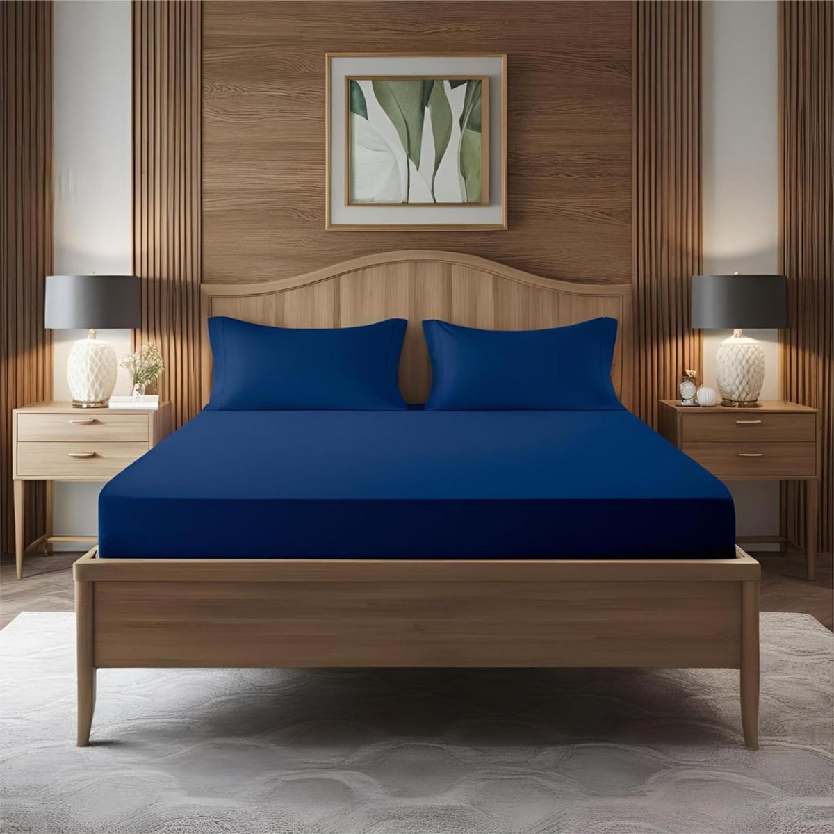 Cotton Double Bedsheet With Two Pillow Cover - 48 X 72 Inches, Navy Blue | Elastic Fitted Bedsheet | Good For Daily Use Or As A Stylish To Bedroom Decor.