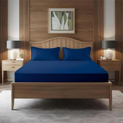 Cotton Double Bedsheet With Two Pillow Cover - 48 X 72 Inches, Navy Blue | Elastic Fitted Bedsheet | Good For Daily Use Or As A Stylish To Bedroom Decor.
