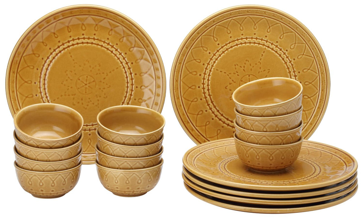 Handcrafted Ceramic Embossed Dinner Set Of 18 Pcs - Golden Brown | 6 Dinner Plates + 12 Small Dinner Bowl, 180ml Each - Microwave & Dishwasher Safe | Crockery Set For Dining & Gifting