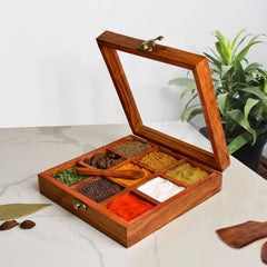 Sheesham Wood Spice Box With Spoon For Kitchen With 9 Partitions, Compartments - 8 X 8 X 2 Inches, Brown | Wooden Masala Box, Dabba, Container With Glass Lid - Fixed Partitions