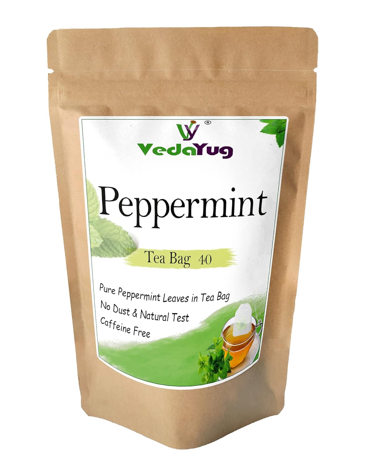 VedaYug Peppermint Herbal Tea - 40 Tea Bags, 52gm, 1.8 Ounce | Rich Flavor & Fragrance, Sleep & Stress Relief Tea - Caffeine Free, No Additives | Use For Ice & Hot Tea