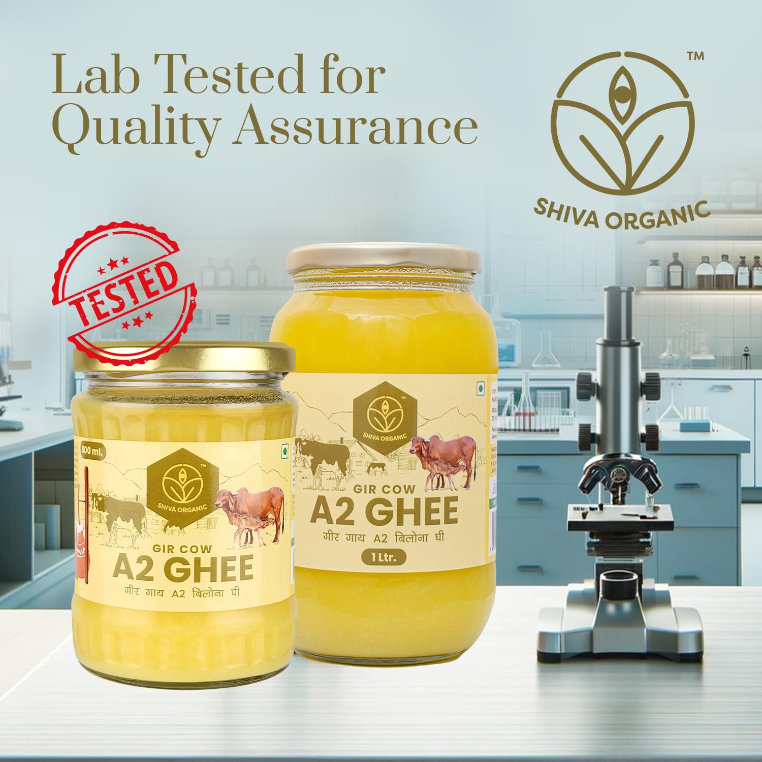 Pure Natural A2 Gir Cow Ghee By Shiva Organic | High In Protein Fiber & Healthy Delicious Desi Ghee Good For Weight Loss | (50ml) 1.6 Ounce | Jar Pack