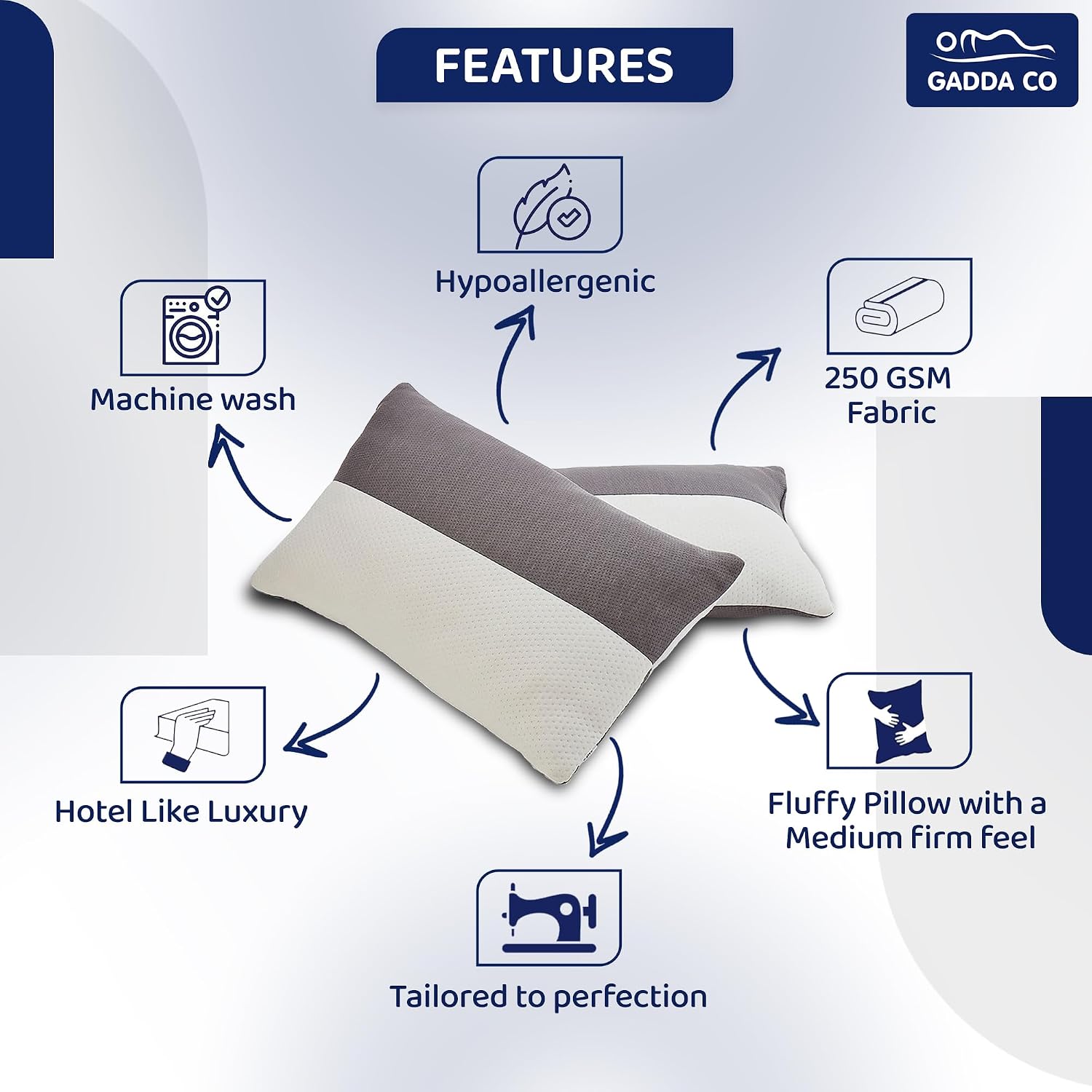 Soft & Fluffy Bed Pillows, Hollow Fiber Sleeping Pillow With Zip - 24 X 16 Inch | White & Grey, Microfiber Fill, Comfortable & Durable, Bed Pillow | Neck Support, Cooling - Set Of 2