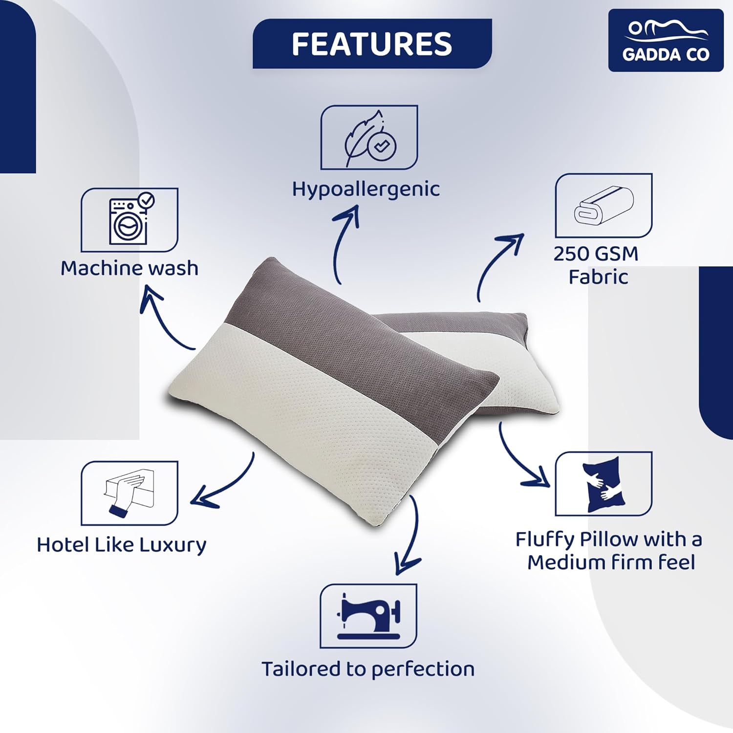 Hollow Fiber King Size Bed Pillows With Zip, Soft & Fluffy Sleeping Pillows - 36 X 20 Inches | White & Grey, Microfiber Fill, Comfortable, Durable | Neck Support, Cooling - Set Of 2