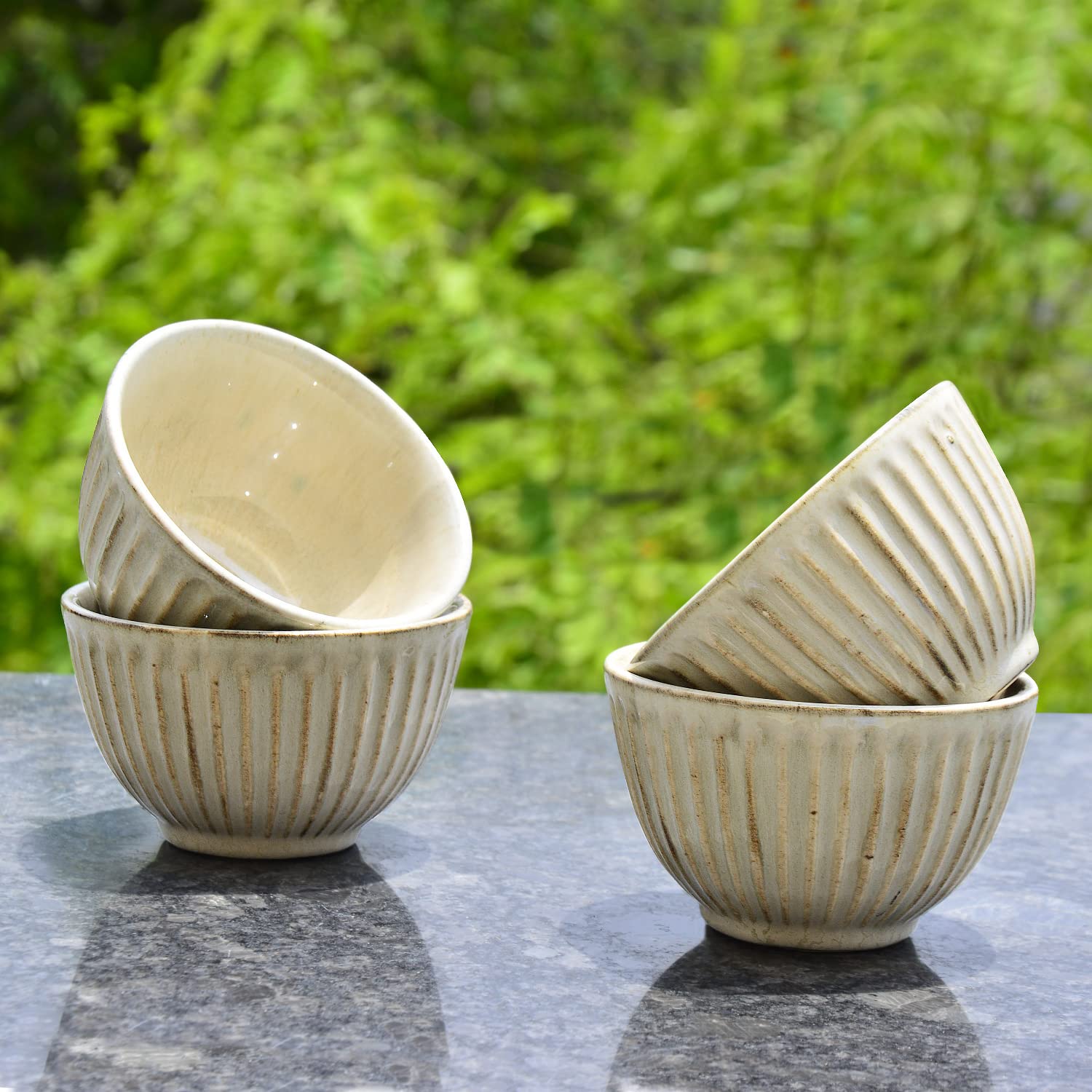 Ribbed Ceramic Dinner Serving Bowls Set Of 4 - Ivory, 150ml Each | Vegetable & Dessert Serving Bowls - Ceramic Salad Bowls