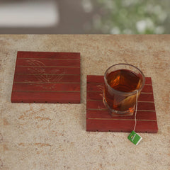 Hand Carved Red Wooden Trivets Set Of 2, Red | Coasters For Drinks - Hot & Cold Wooden Coaster Sets For Dining, Tea & Coffee Table | Decorative Cocktail Coasters