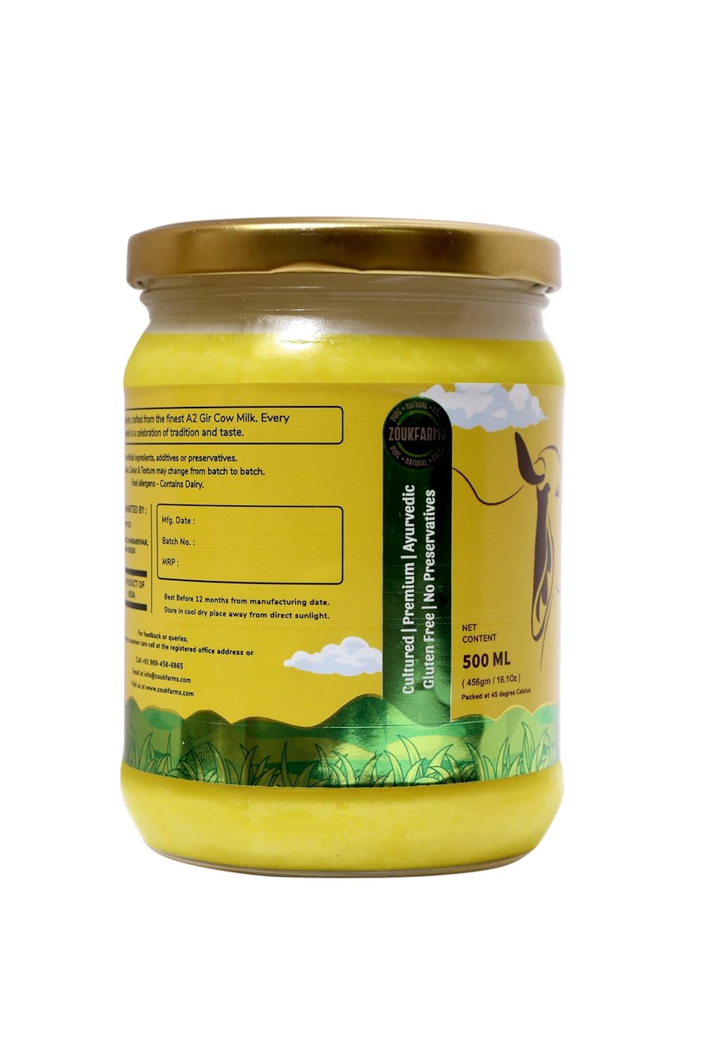Premium A2 Gir Cow Ghee By Zoukfarms | Made By Churning Curd Vedic Bilona Method Desi Danedar Ghee Perfect For Laddus & Parathas | (500ml) 16.9 Ounce | Jar Pack