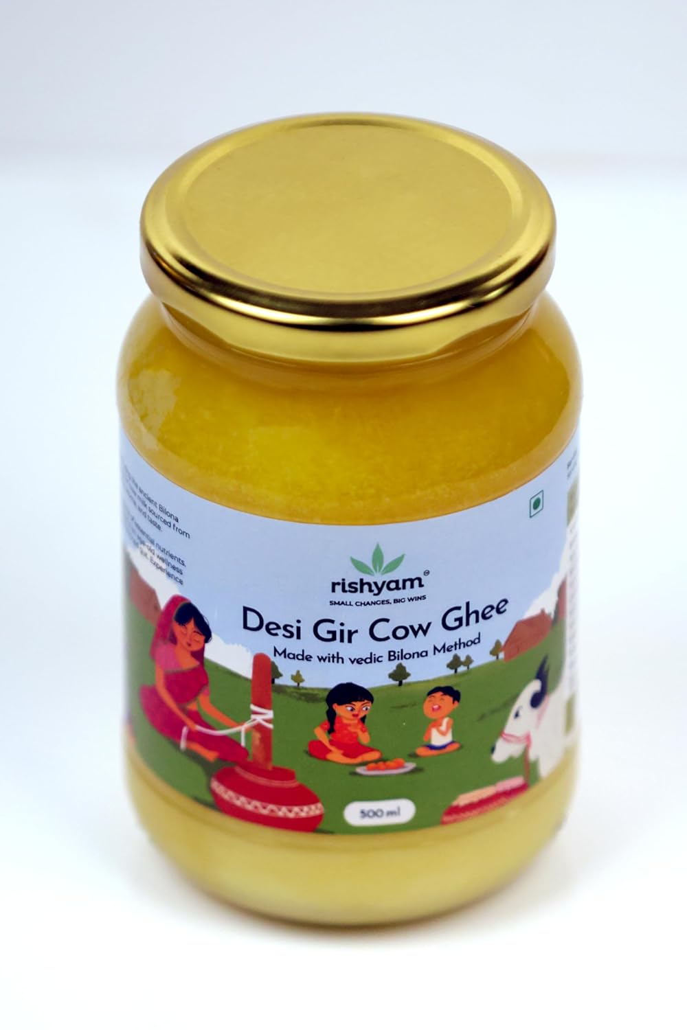 Organic Natural Desi Gir Cow Ghee By Rishyam | Made With Vedic Bilona Method Indian Gir Cow Ghee Good For Dishes | (500ml) 16.9 Ounce | Jar Pack