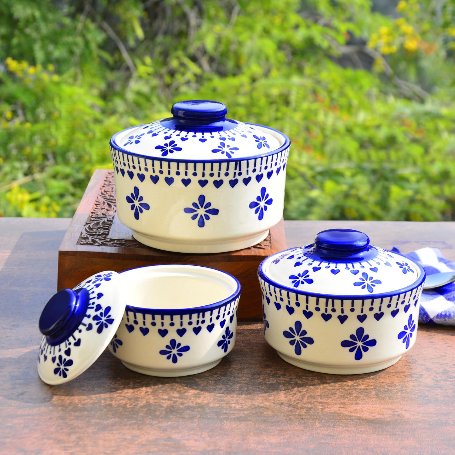 Hand Painted Ceramic Serving Donga With Lid Set Of 3 - Blue & White, 900ml, 500ml & 300ml | Dinner Serving Casserole Set