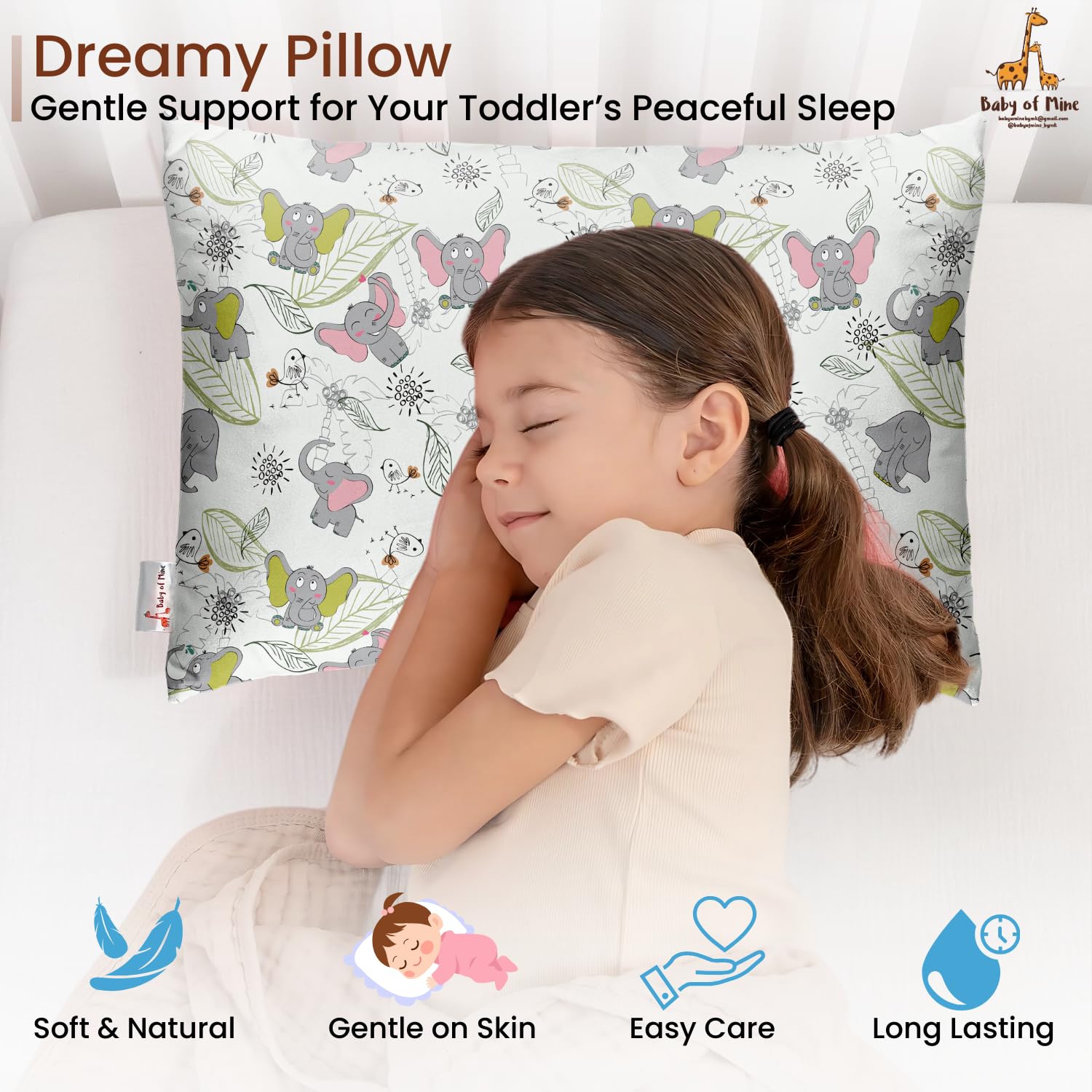 Premium Baby Pillow For Kids, Super Soft Cotton Kids Cushion - 12 X 18 Inches | For 5 Years Old Kids, Cartoon Prints - Big Ears Elephant | Bed Pillow, Washable, Easy To Care - Pillow 18