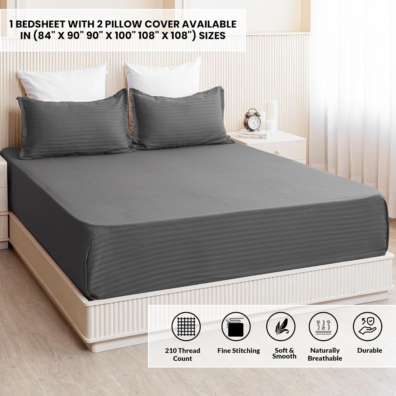Cotton Flat Bedsheet For Queen With 2 Pillow Cover - 90 X 108 Inches, Grey | Ideal For Everyday Use Bedsheet - 300 Thread Count