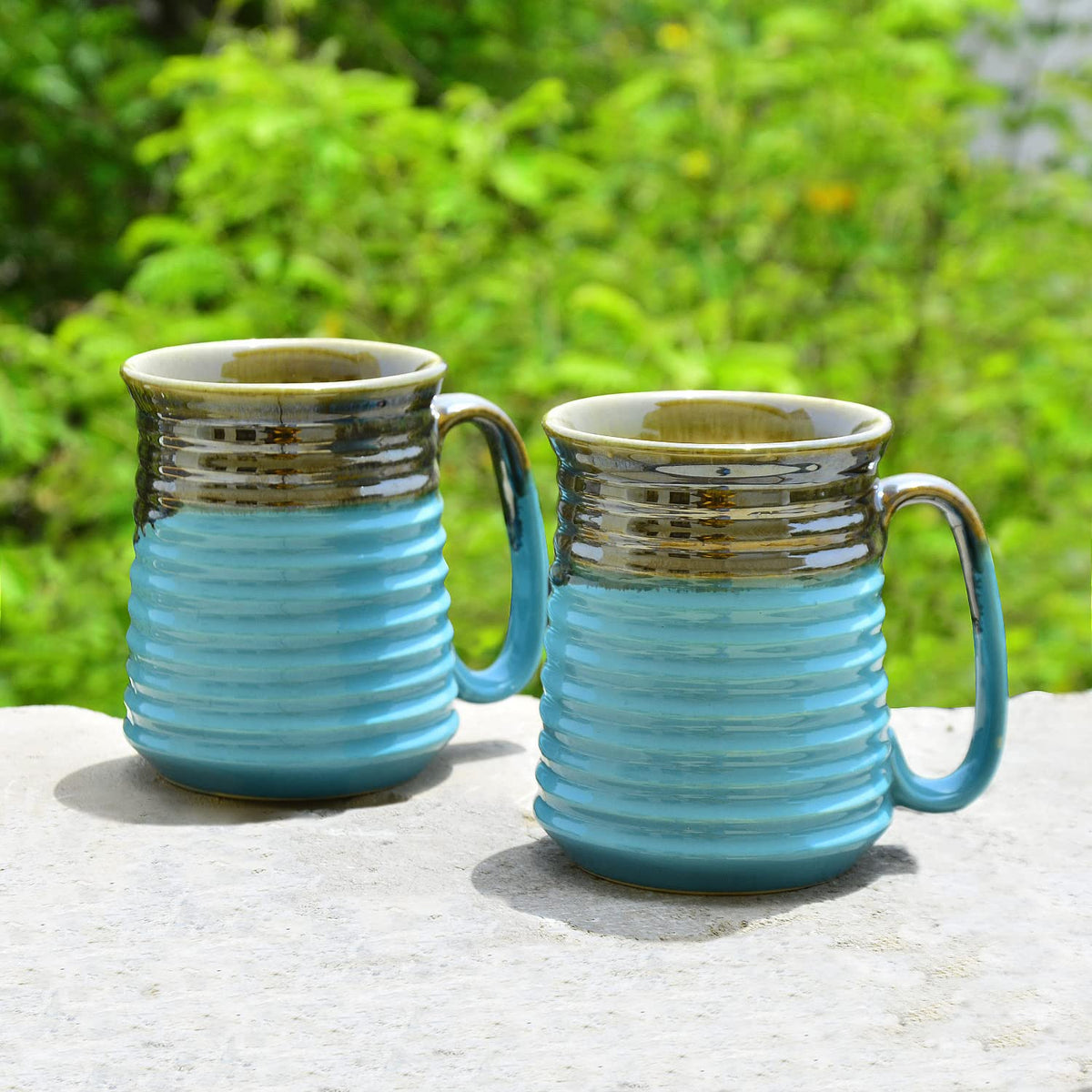 Hand Glazed Jumbo Ceramic Beer Mugs Set Of 2 - Sky Blue & Brown, 700ml Each | Milk Mugs