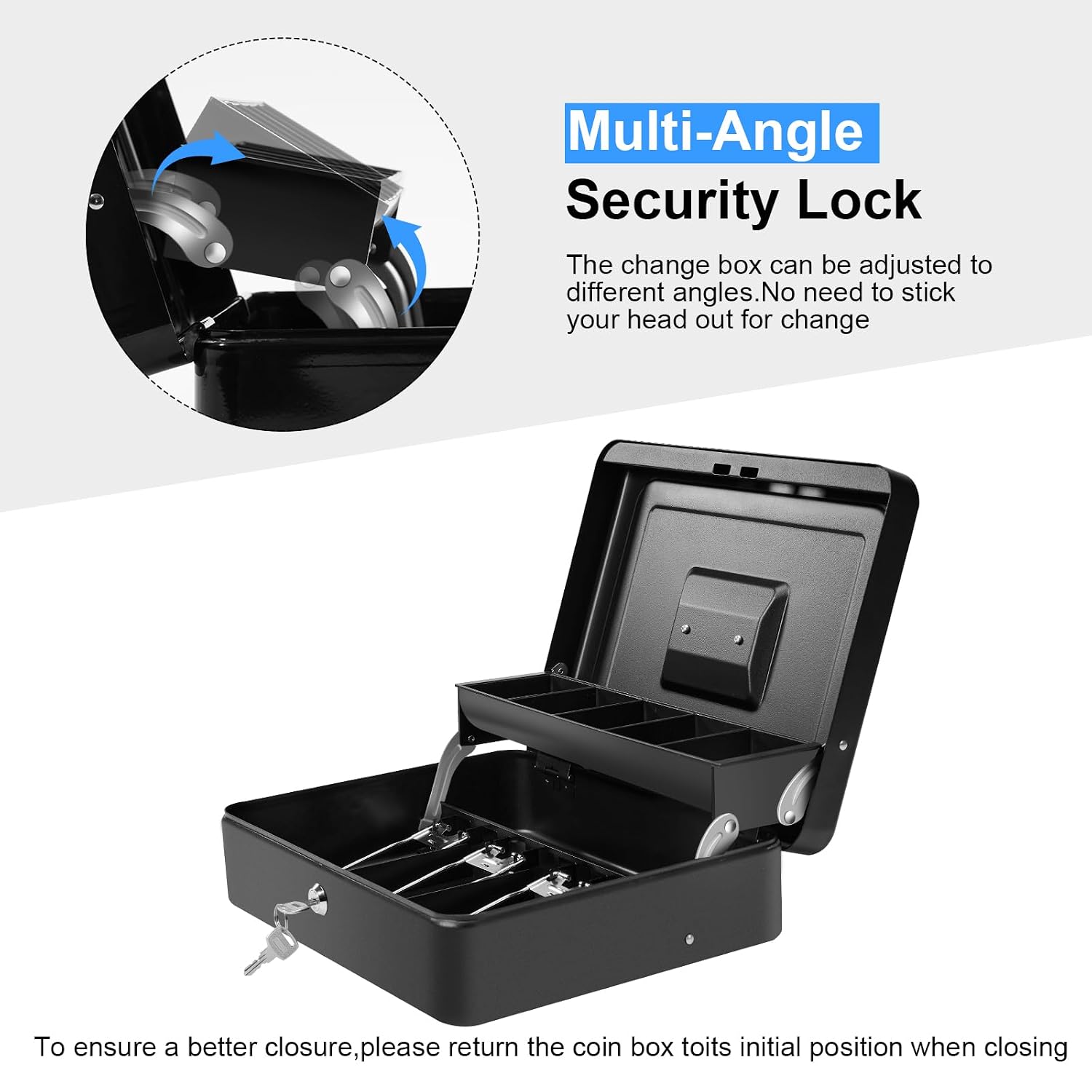 Cash Box With Lock & 2 Keys, Metal Money Box With Cash Tray, Portable Lock Safe Box, 4 Bill, 5 Coin Slots, Large Cash Boxes With Money Tray For Small Business 11.8 X 9.5 X 3.5 Inch, Colour - Black